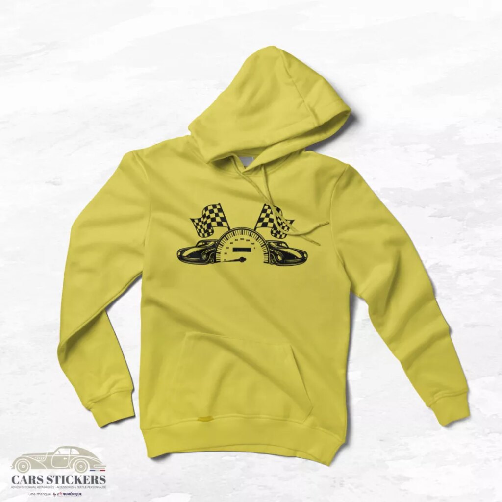 Sweat à capuche jaune avec motif compteur et drapeaux de course pour passionnés de sport automobile